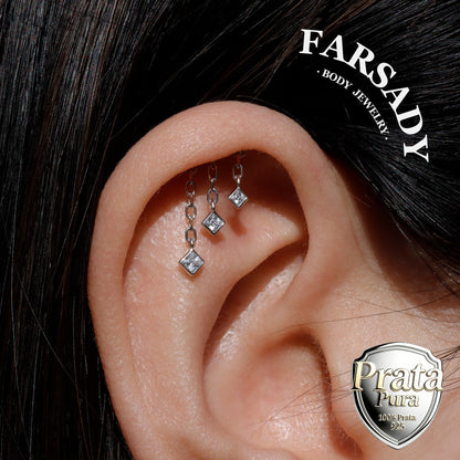 Triple Square CZ Hidden Helix Earring Stud: S925 Silver Floating Helix Piercing Jewelry, Titanium Threadless Post Back, Flat Back Earrings