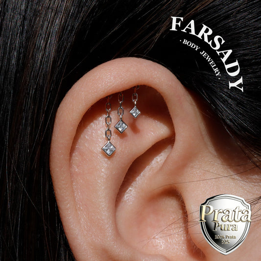 Triple Square CZ Hidden Helix Earring Stud: S925 Silver Floating Helix Piercing Jewelry, Titanium Threadless Post Back, Flat Back Earrings