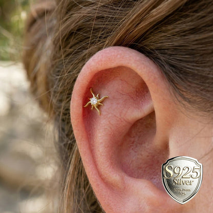 Sterling Silver Mini Sun Threadless Push In Tragus Stud,  S925 Cartilage Stud, Flat Back Titanium Post, Design Flower Helix/ Lobe/ Lip Earring