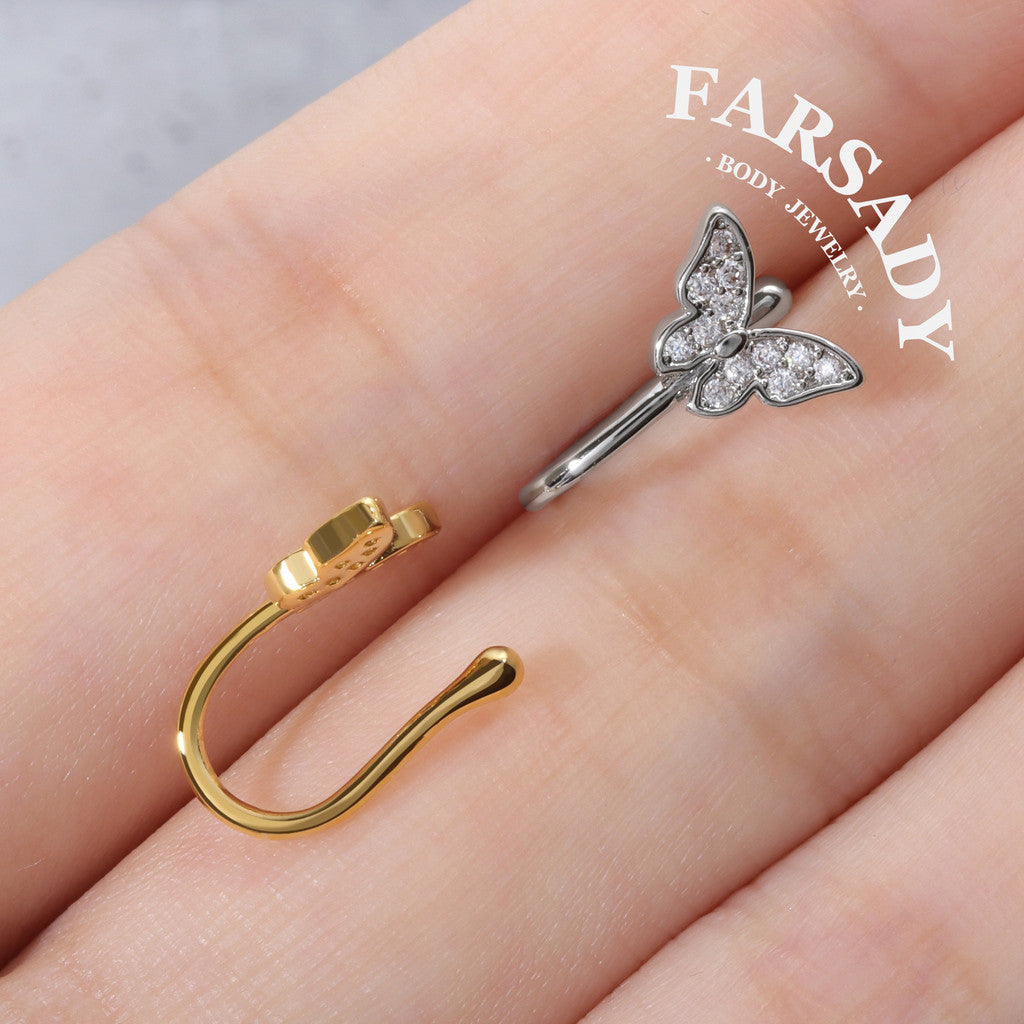 Crystal Winglet Hook - 925 Silver Fake Nose Ring / Fit Non-Pierced Nose Ring