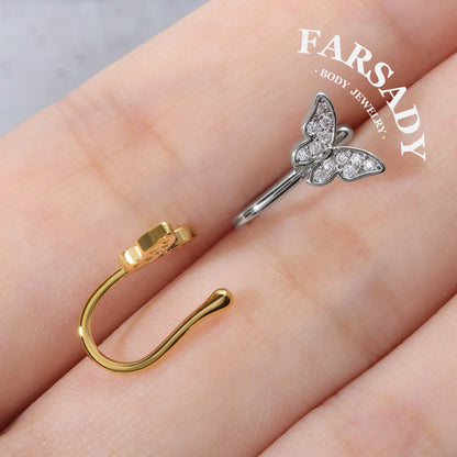 Crystal Winglet Hook - 925 Silver Fake Nose Ring / Fit Non-Pierced Nose Ring