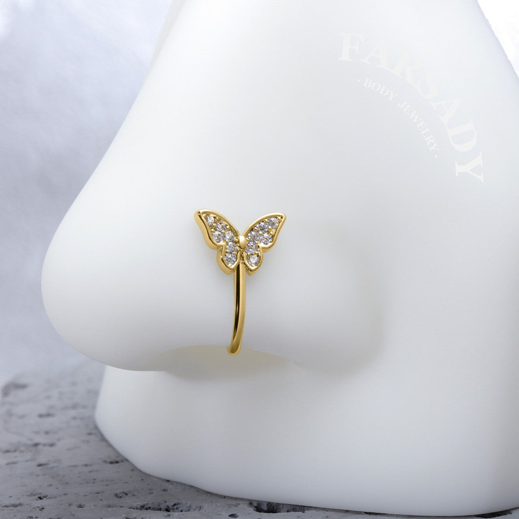 Crystal Winglet Hook - 925 Silver Fake Nose Ring / Fit Non-Pierced Nose Ring