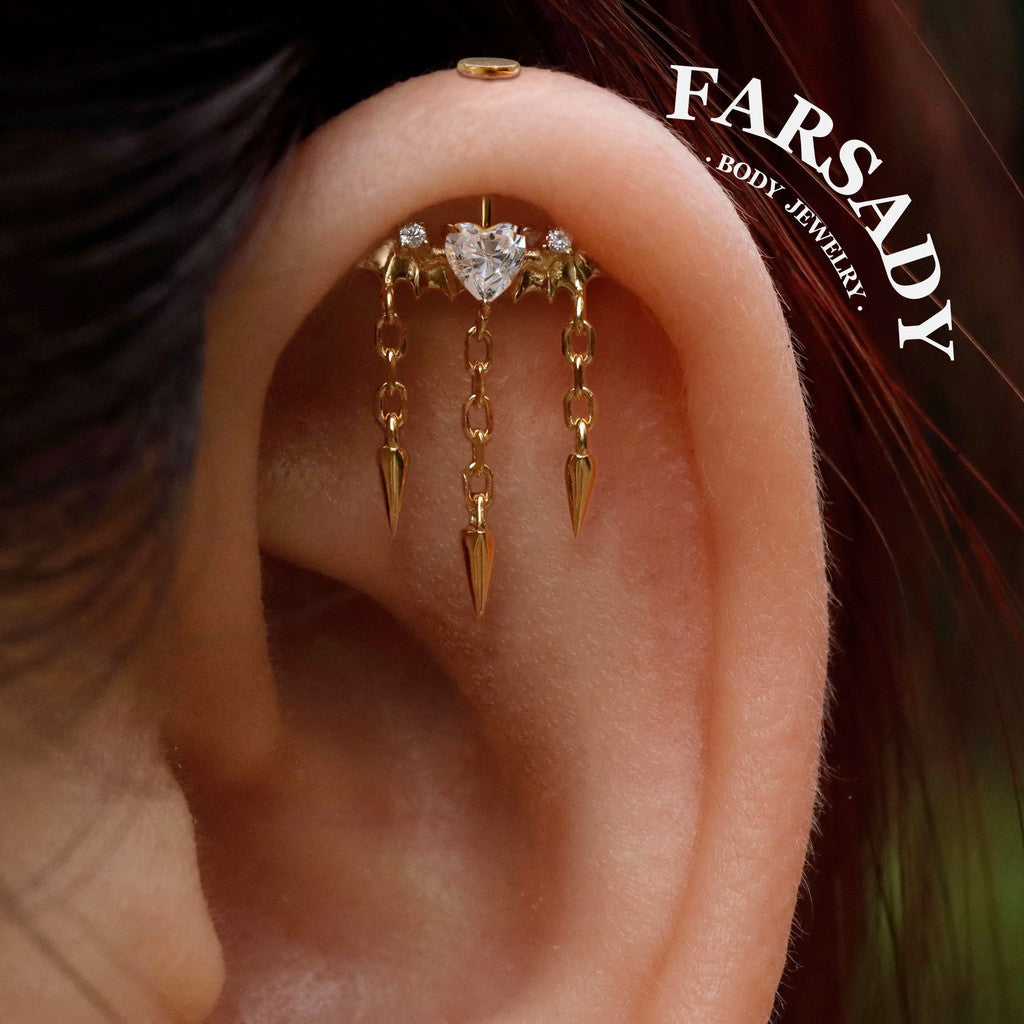 Bat Wing Heart - 925 Silver Threadless Stud / Fits Vertical Helix Hidden Rook Earring