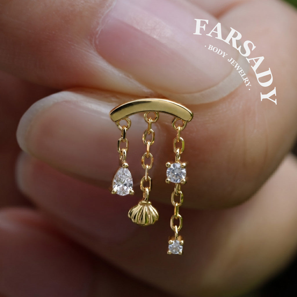 Shell Veil - 925 Silver Threadless Directional Stud / Fits Cartilage Helix Tragus Lobe Earring