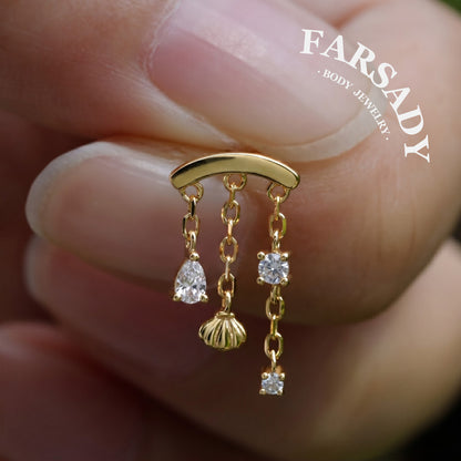 Shell Veil - 925 Silver Threadless Directional Stud / Fits Cartilage Helix Tragus Lobe Earring