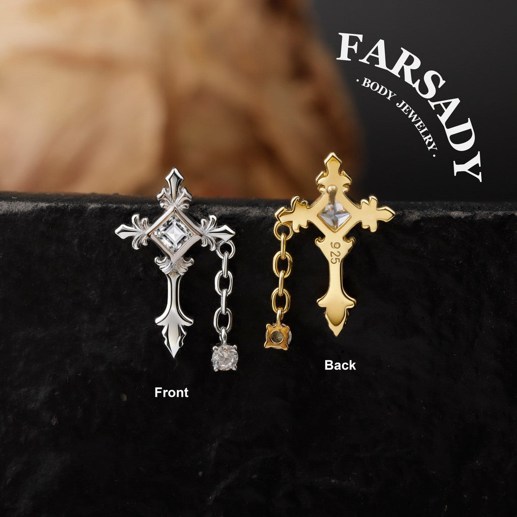 Vein Cross - 925 Silver Threadless Stud / Fits Cartilage Helix Tragus Lobe Earring