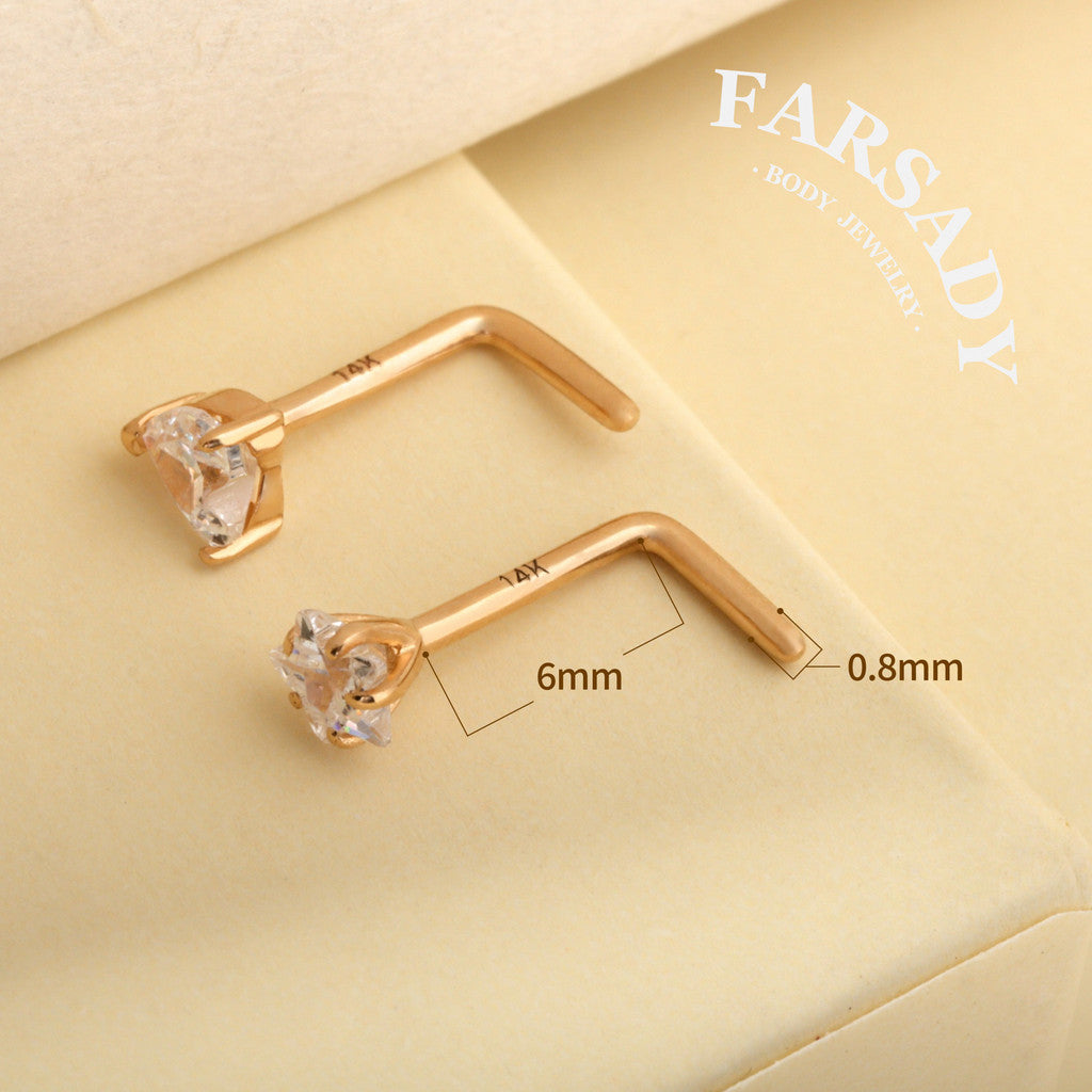 Minimal Heart & Star CZ - Solid 14K Gold L-Shape Stud / Fit 20G Nostril Piercing