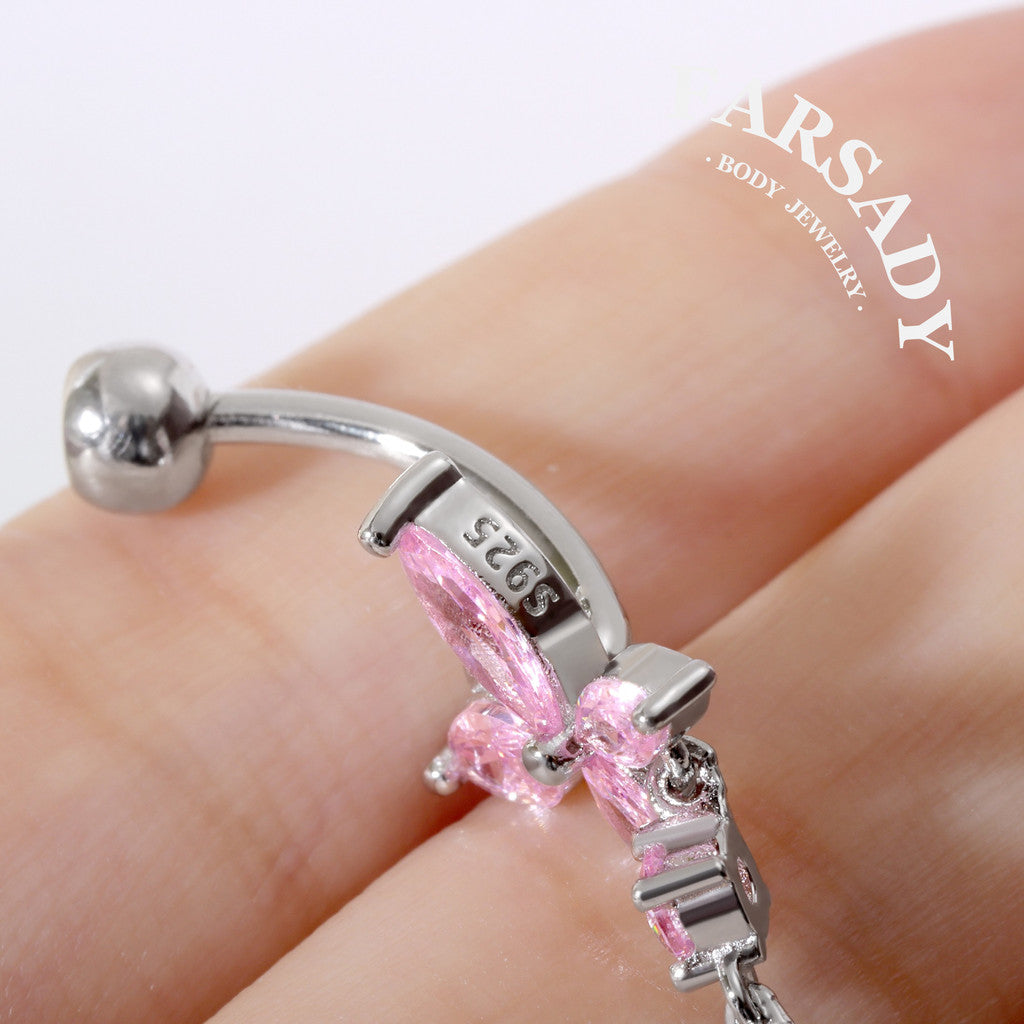 Pink Butterfly Trail - 925 Silver Pink CZ Belly Button Ring / Fits 14G Navel Piercing