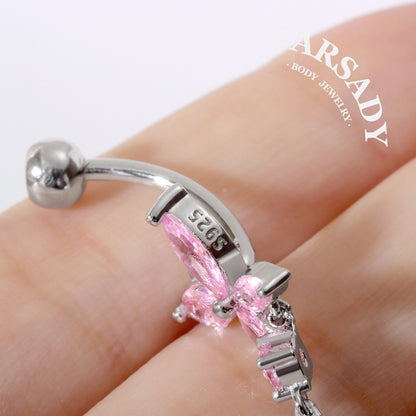 Pink Butterfly Trail - 925 Silver Pink CZ Belly Button Ring / Fits 14G Navel Piercing