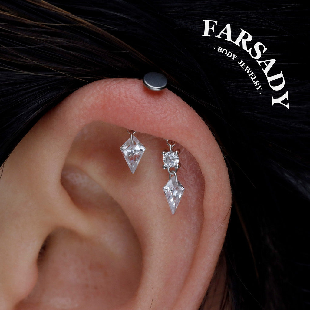 Rhombus Drop - 925 Silver Threadless Stud / Fits Vertical Helix Hidden Rook Earring