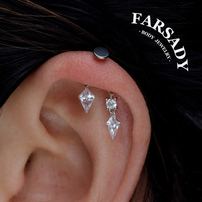 Rhombus Drop - 925 Silver Threadless Stud / Fits Vertical Helix Hidden Rook Earring