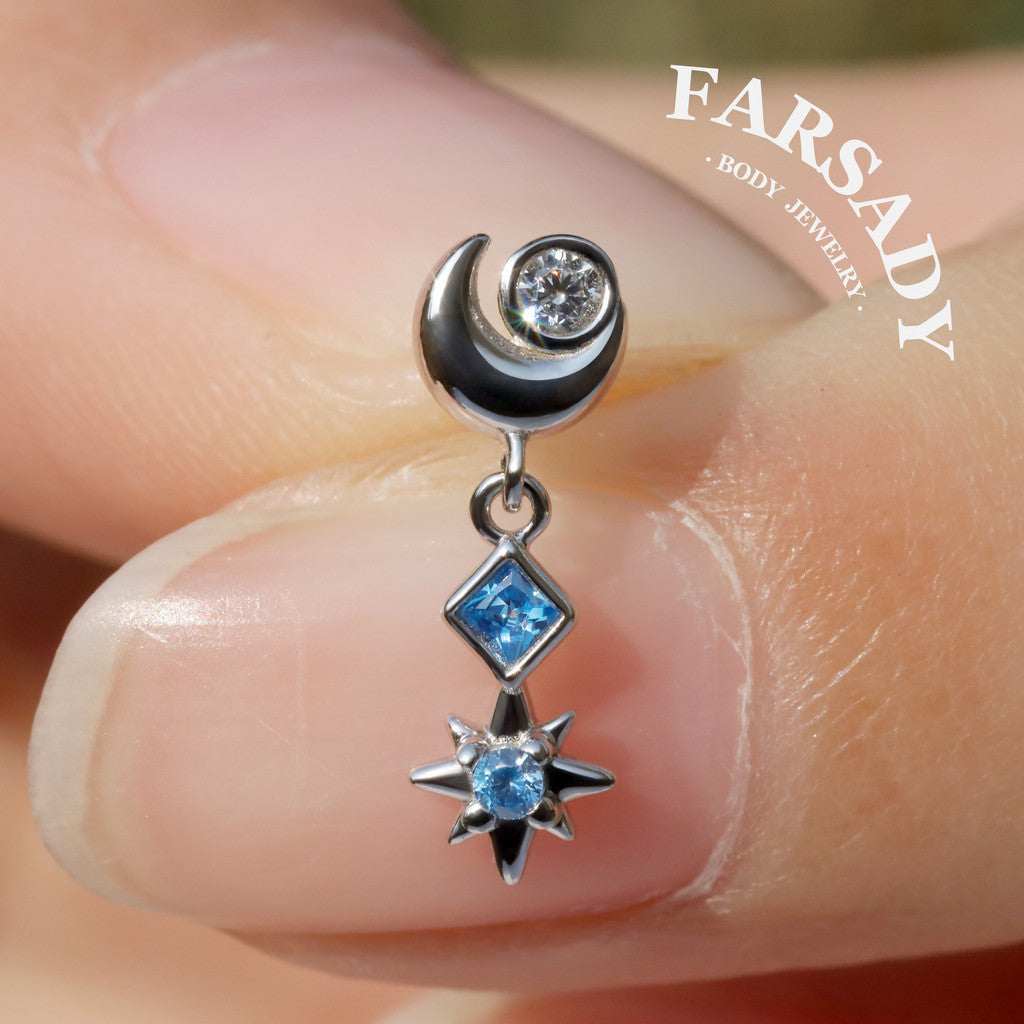Luna Flare Dangle Threadless Push In Helix Stud, Sterling Silver Cartilage Stud, Flat Back Titanium Post, Design Satr Tragus/ Lobe Earring