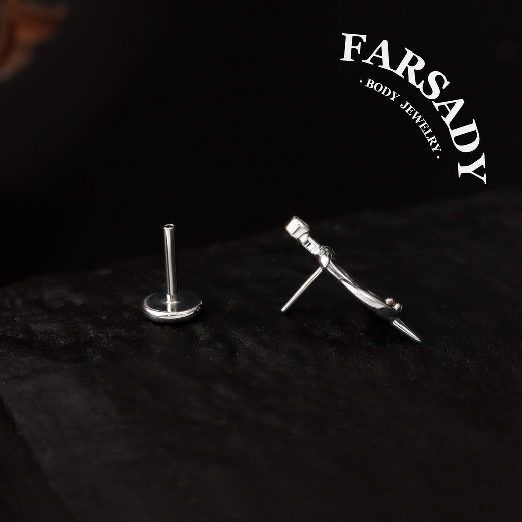 Silvery Moon Sword Threadless Tragus Stud: Gothic Helix/ Conch/ Nose Flat Back Earring, Crescent Titanium Push Back Earring, Tragus Piercing