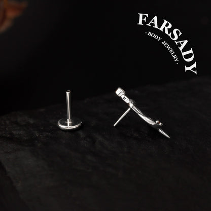 Silvery Moon Sword Threadless Tragus Stud: Gothic Helix/ Conch/ Nose Flat Back Earring, Crescent Titanium Push Back Earring, Tragus Piercing