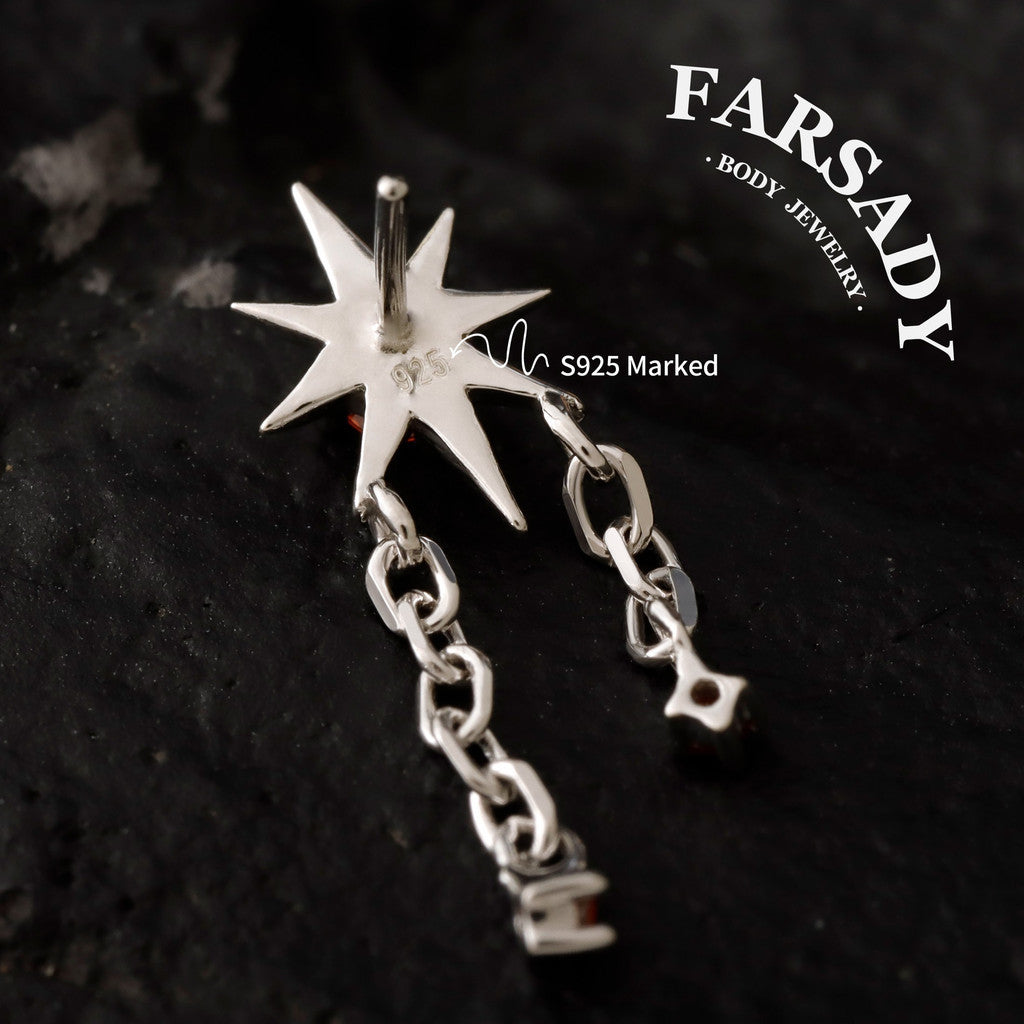 Red Celestial Star Threadless Labret Stud• 925 Silver & F136 Titanium Piercing• Starburst with Dangle Chains• Flat Back Earring for Helix