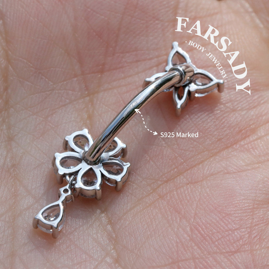 14G Belly Button Ring – 925 Silver 18K Gold Plated| Clear CZ Flower Butterfly Dangle Bar| Hypoallergenic Navel Piercing Jewelry| Waterproof