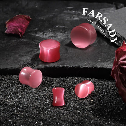Pink Cat's Eye Stone Ear Plug Earrings 6mm-14mm Ear Gauges Stone Ear Stretchers Stretched Ears Lobe Piercing Body Jewelry