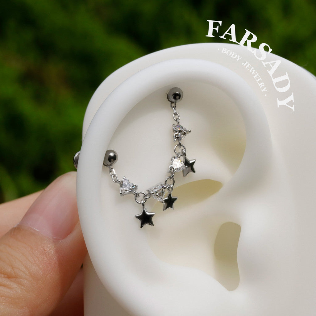 No Rules Star&Heart Chain Charm: Sterling Silver Helix Industril Conch Cartilage Wrap Chain, Dangle Nose Piercing DIY Chain Gold, 25mm 35mm