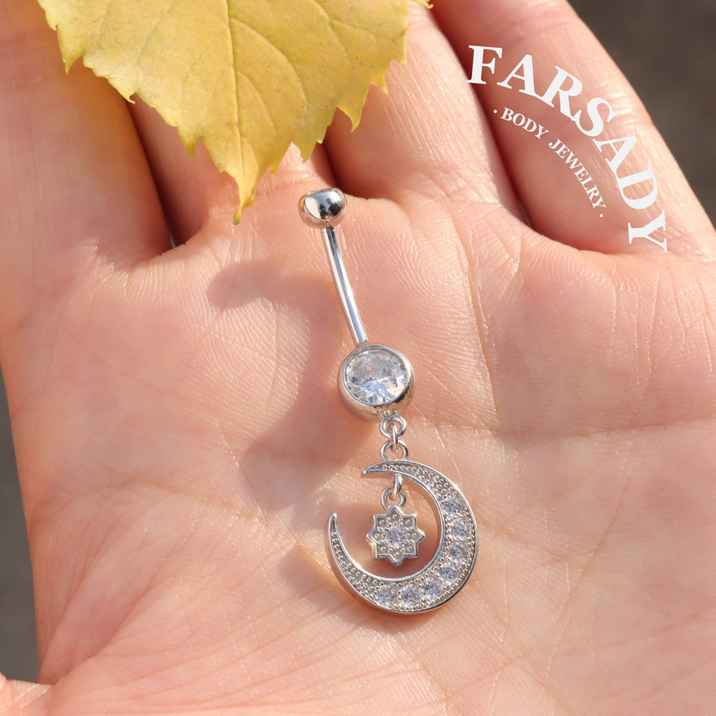 Midnight Orbit - 925 Silver Clear CZ Belly Button Ring / Fits 14G Navel Piercing
