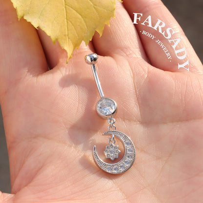 Midnight Orbit - 925 Silver Clear CZ Belly Button Ring / Fits 14G Navel Piercing