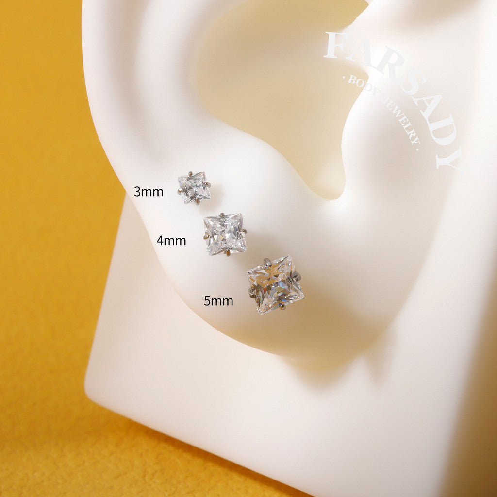Color Square Zircon - F136 Titanium Colorful CZ Replacement Tops / Fits Threadless Ear Studs