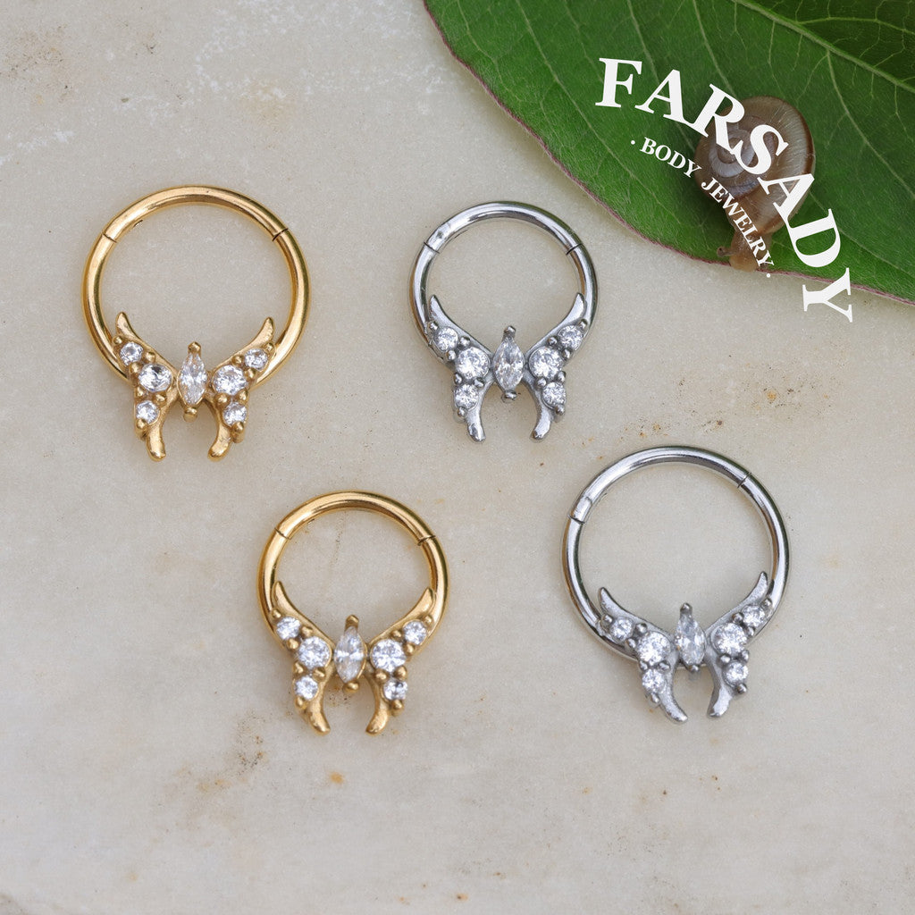 Fairy Wing - CZ Hinged Clicker Hoop / Fits 16G Septum Ring Helix Conch Cartilage Earring