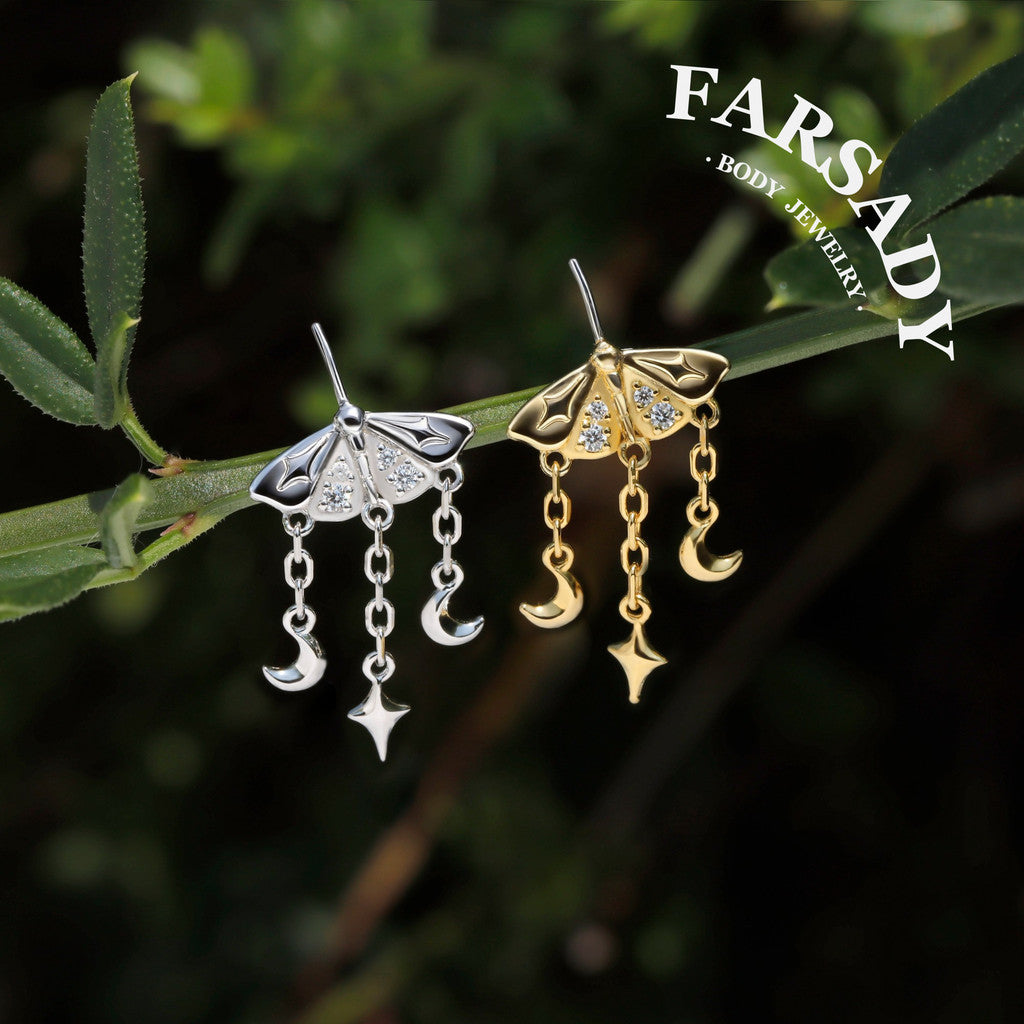Lunar Moth - 925 Silver Threadless Stud / Fits Vertical Helix Hidden Rook Earring
