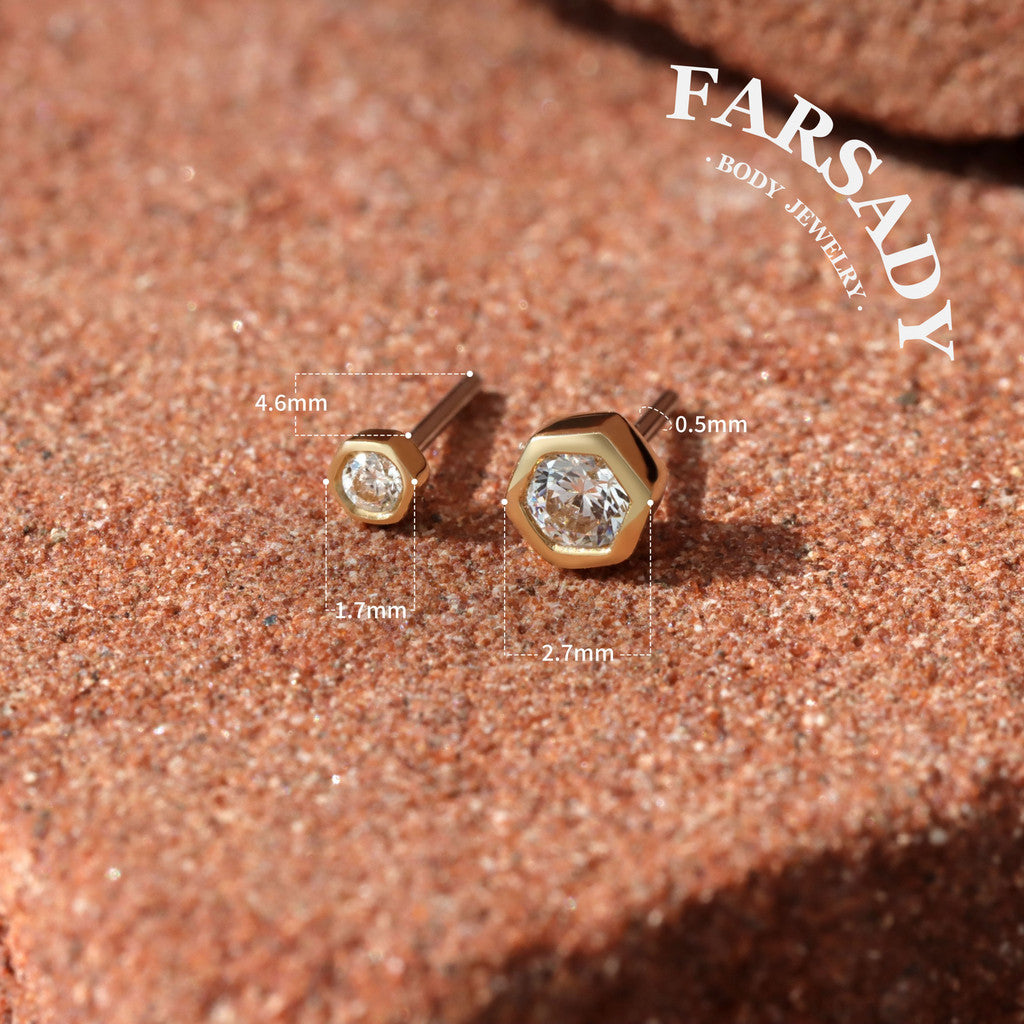 Dual Hexa - Solid 14K Gold Threadless Stud / Fits Cartilage Helix Tragus Lobe Nostril Piercing