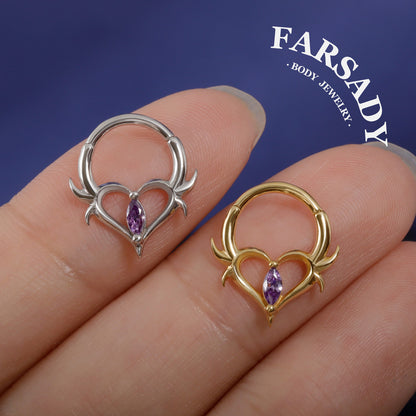 16G Heart Thorn Hinged Daith Earring Hoop, Gothic Purple CZ Septum Ring, Edgy Helix Tragus Conch Clicker  Sterling Silver, Original Design