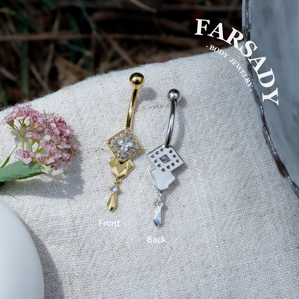 14G Belly Button Ring – 925 Silver 18K Gold Plated| Clear CZ Amulet Belly Ring Dangle Bar| Hypoallergenic Navel Piercing Jewelry| Waterproof