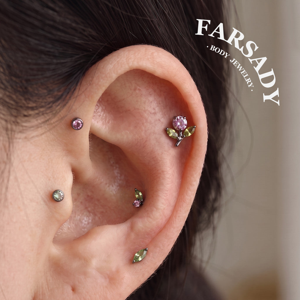 Blossom Sprig - F136 Titanium Internally Threaded Stud / Fits Cartilage Helix Tragus Lobe Nostril Piercing