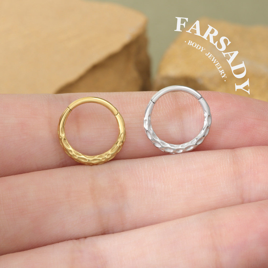 Hammered Tide - 316L Hinged Clicker Hoop / Fits 16G Septum Ring Helix Conch Cartilage Earring