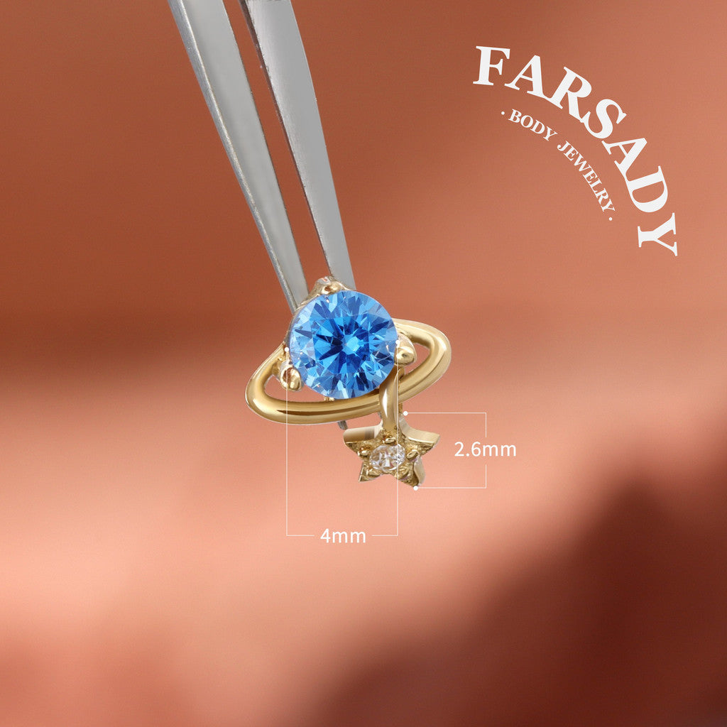 Aquamarine Planet - Solid 14K Gold Internally Threaded Stud / Fits Cartilage Helix Tragus Lobe Piercing