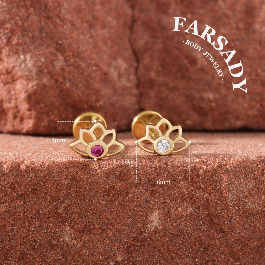 Crimson Lotus - Solid 14K Gold Threadless Stud / Fits Cartilage Helix Tragus Lobe Nostril Piercing