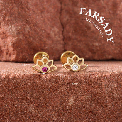 Crimson Lotus - Solid 14K Gold Threadless Stud / Fits Cartilage Helix Tragus Lobe Nostril Piercing