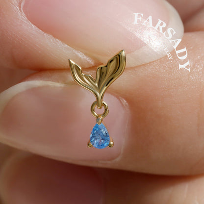 Mermaid Tail Flat Helix Dangle Stud: Blue Gem Tragus Helix Lobe Threadless Push In Cartilage Earring, 925 Silver Plated 18k Gold,Nickle-Free