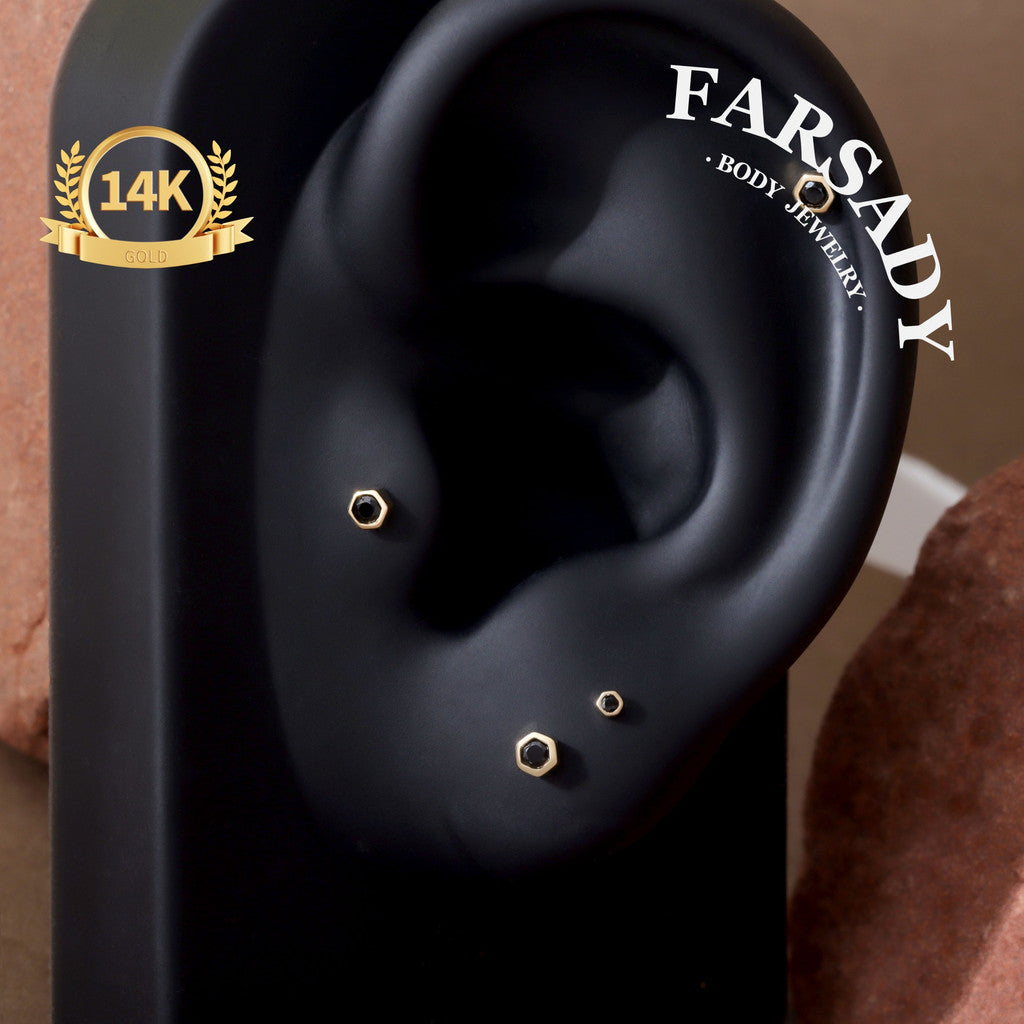 Dark Hexa - Solid 14K Gold Threadless Stud / Fits Cartilage Helix Tragus Lobe Nostril Piercing