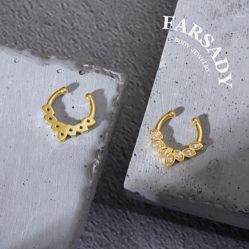 Curved Petal Radiance - 316L Fake Nose Ring C-Hoop Piercing / Fit Non-Pierced Septum Ring