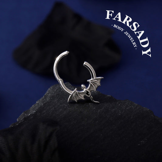 16G Flying Dragon Daith Hoop Earring S925 Sterling Silver Obsidian Inlaid Septum Clicker Original Design Gothic Halloween Helix Piercing Daily Wear Gift for Her