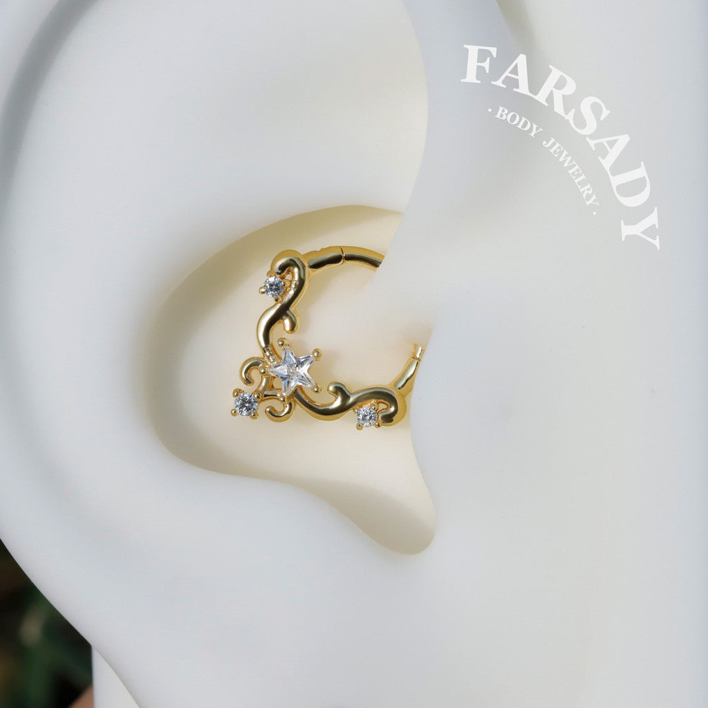Sterling Silver Star-Shape CZ Septum Ring: S925 Plated 18K Gold, Alt Fashion Daith Earring, Sharp Spike Helix Tragus Conch Hoop Jewelry