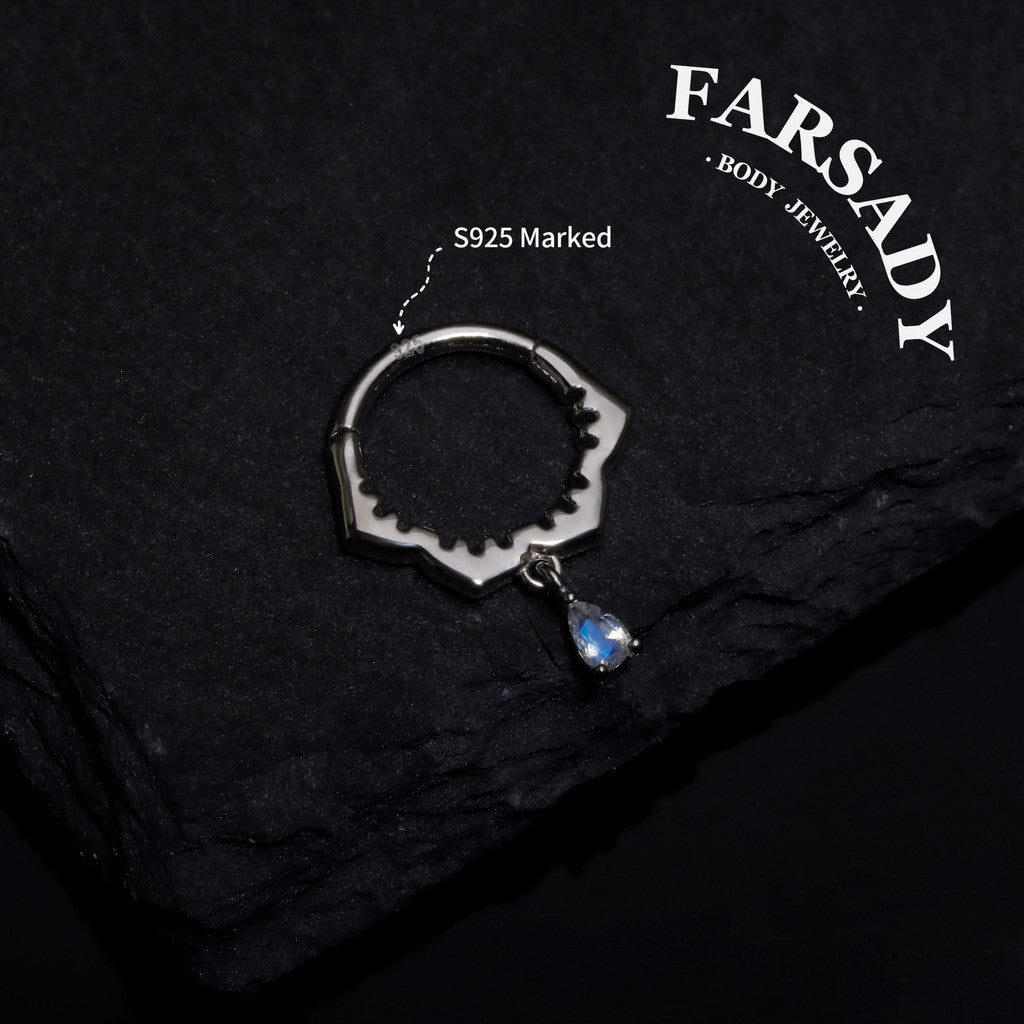 Sterling Silver Moonstone Dangle Flower Septum Ring/ 16G S925 Septum Piercing Jewelry/ 16G Daith Hoop Earring/8mm Helix Tragus Cartilage Hoop Earrings