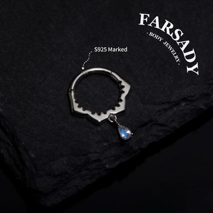 Sterling Silver Moonstone Dangle Flower Septum Ring/ 16G S925 Septum Piercing Jewelry/ 16G Daith Hoop Earring/8mm Helix Tragus Cartilage Hoop Earrings