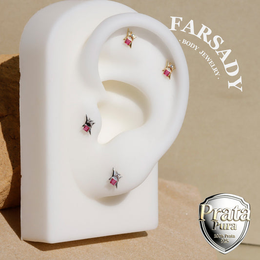 Sterling Silver Pink CZ Star Stud Earring Threadless Push In Post Earrings | 16G 18G 20G Flat Back Tragus Helix Cartilage Piercing Earring