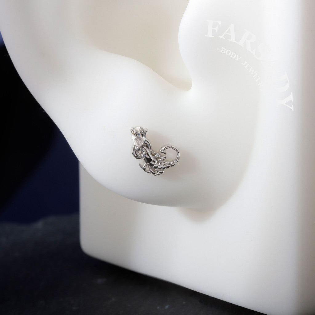 Sterling Silver Crimson Scorpion Helix Stud Threadless Push In  Earring 18K Gold Plated Tragus Conch Piercing Jewelry Hypoallergenic Piercing Minimal Cartliage Stud Gift Packaged