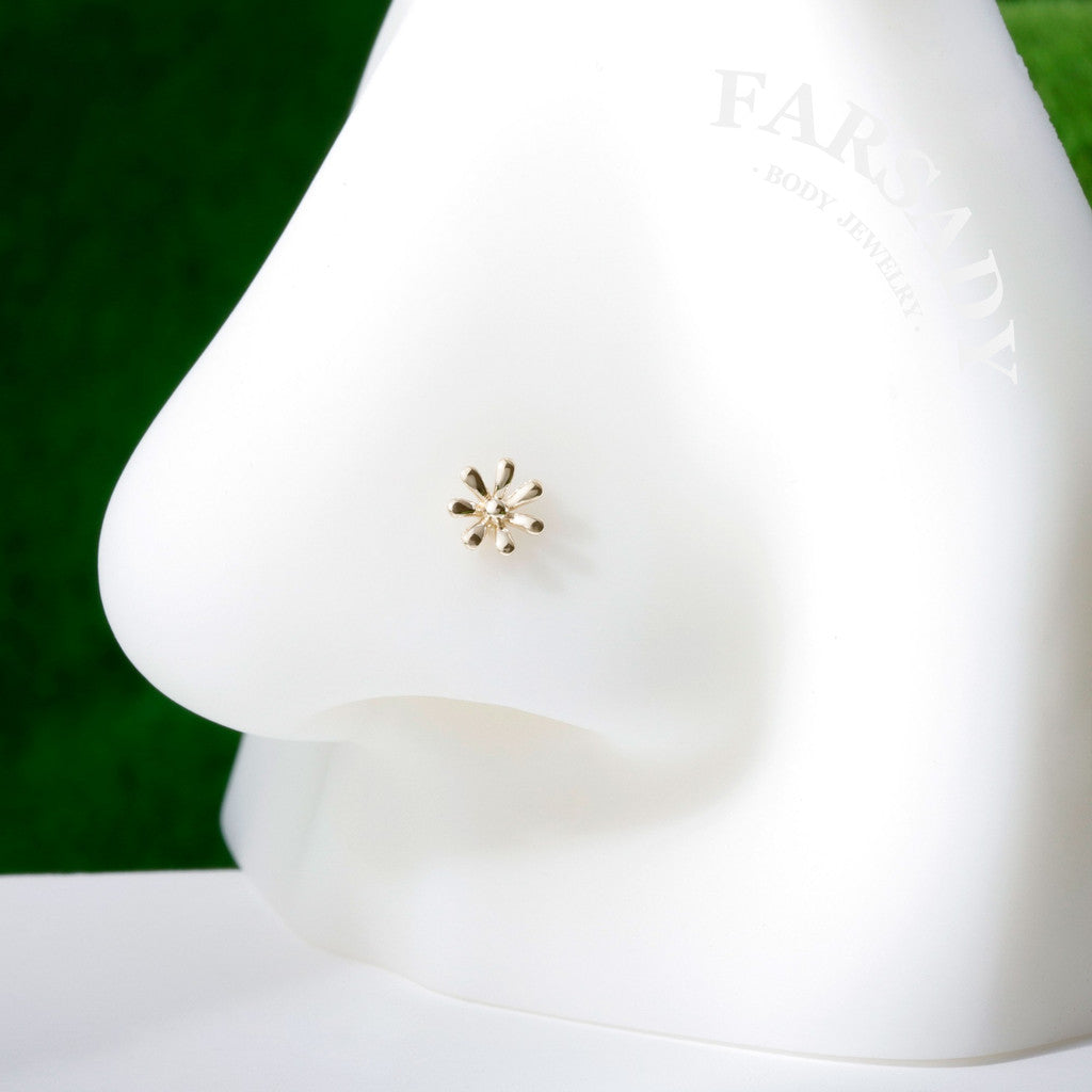 Daisy Duo - Solid 14K Gold Screw End Stud / Fit 20G Nostril Piercing