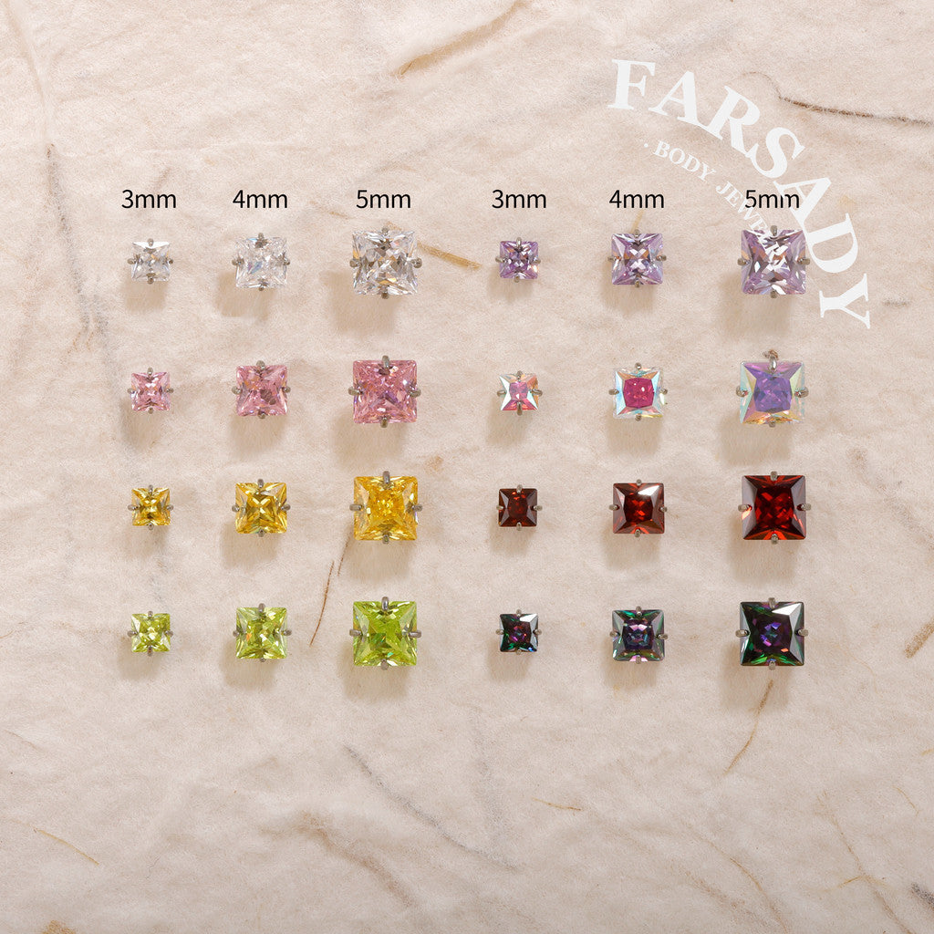 Color Square Zircon - F136 Titanium Colorful CZ Replacement Tops / Fits Threadless Ear Studs