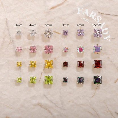 Color Square Zircon - F136 Titanium Colorful CZ Replacement Tops / Fits Threadless Ear Studs