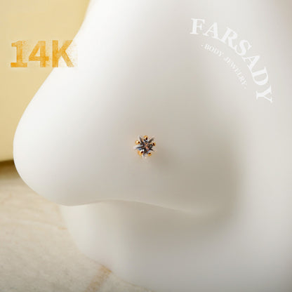 Minimal Heart & Star CZ - Solid 14K Gold L-Shape Stud / Fit 20G Nostril Piercing