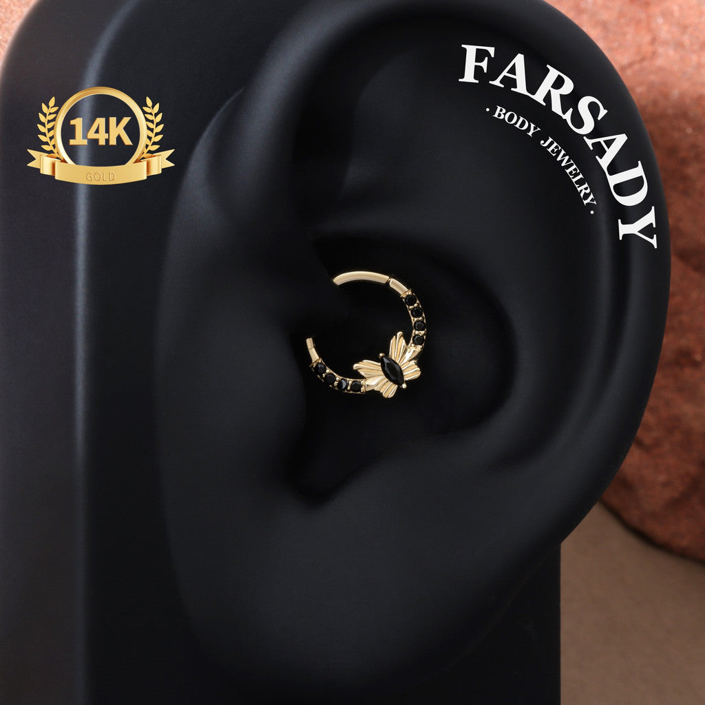 Noir Flutter - Solid 14K Gold Hinged Clicker Hoop / Fits 16G Septum Ring Helix Conch Cartilage Earring