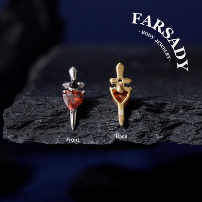 Sword Heart - Sterling Silver Push In Stud / Fits Cartilage Helix Tragus Lobe Earring  Nose Stud / Threadless Flat Back Piercing, Hypoallergenic Jewelry for Sensitive Skin